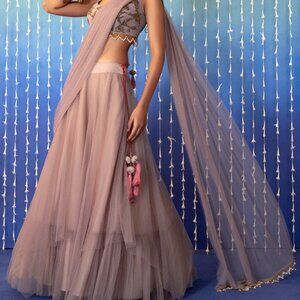 Blush Pink Lehenga Set With Hand Embroidered Blouse And Attached Drape